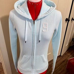 ABERCROMBIE & FITCH POWDER BLUE ZIP FRONT HOODIE EARBUD ACCESSIBLE POCKET S